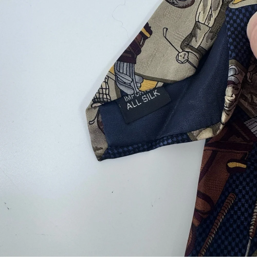 E. Magrath Vintage Golf Tan and Blue Geometric Pattern‎ Tie 100% Silk